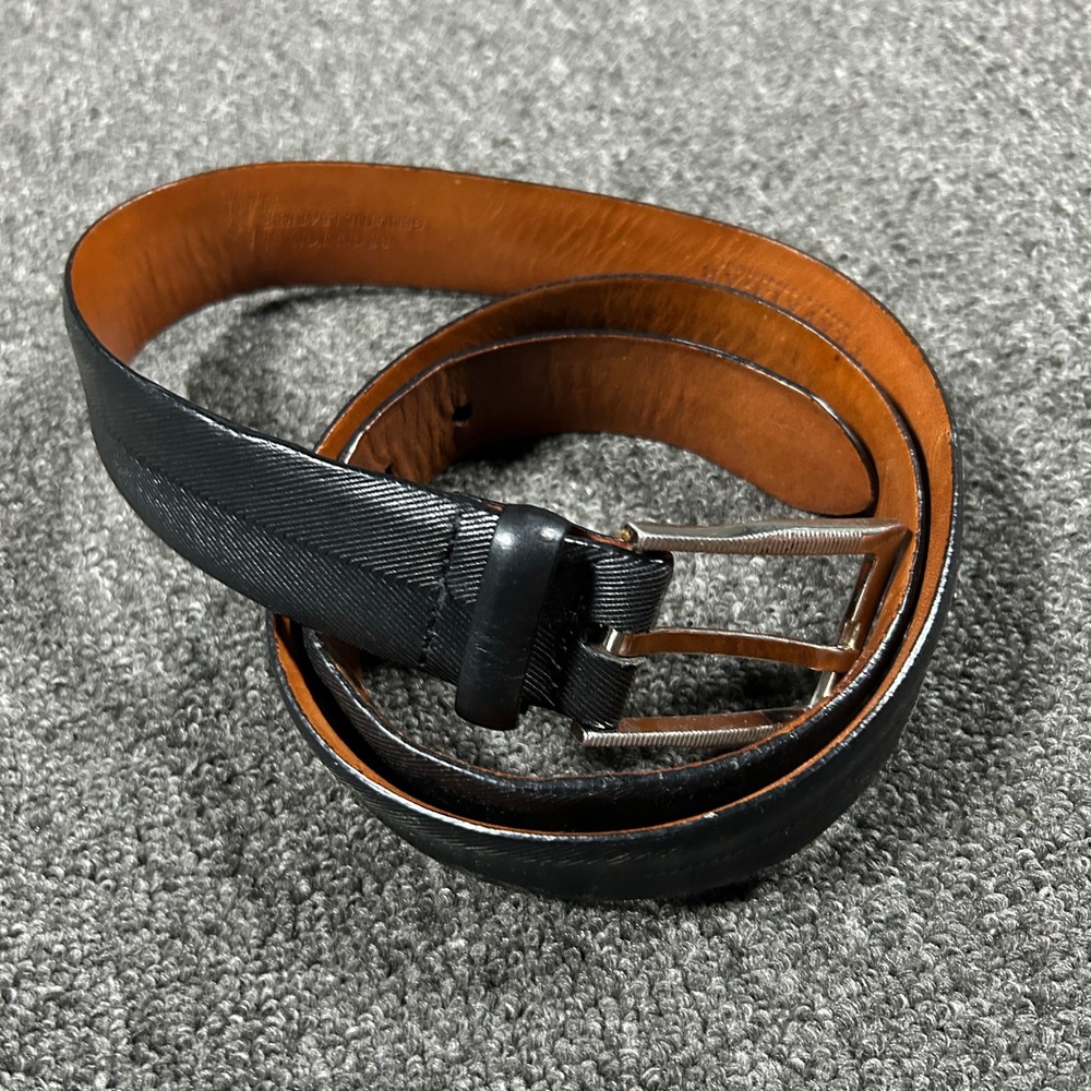 Trafalgar Leather Belt Mens 38 Black Excellent Chevron Texture Silver Buckle